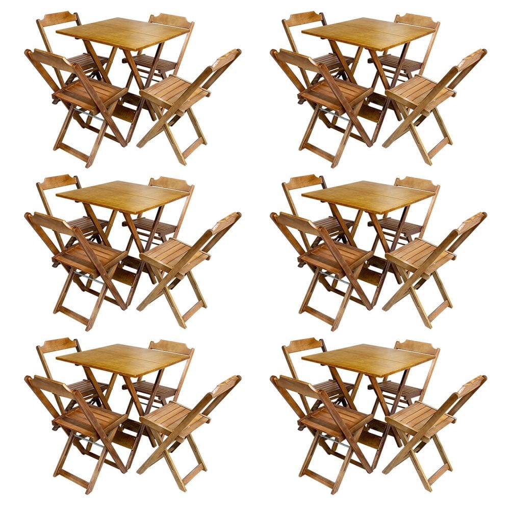 Kit 6 Conjuntos de Mesa com 4 Cadeiras de Madeira Dobravel 70x70 Castanho