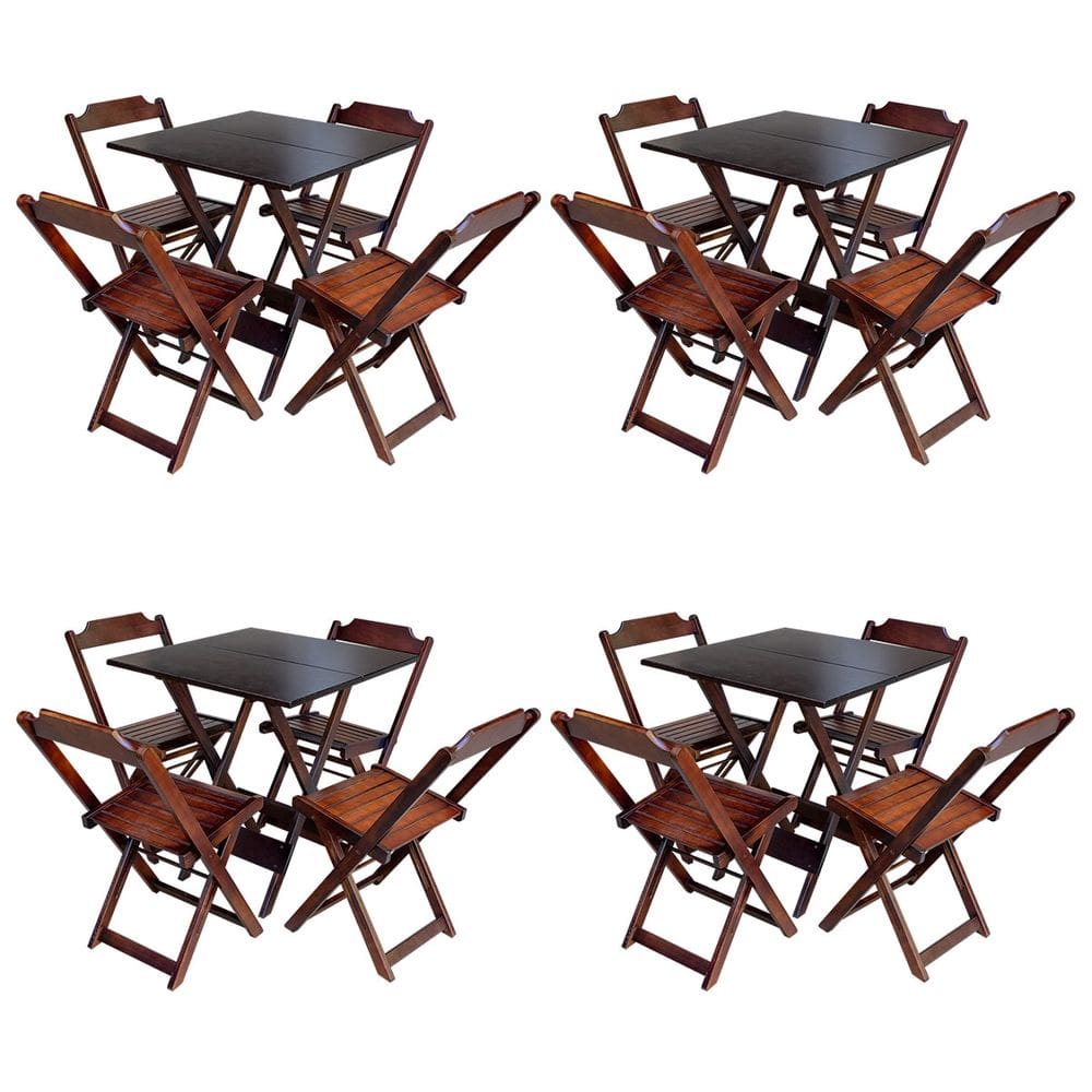 Kit 4 Jogos de Mesa com 4 Cadeiras de Madeira Dobravel 70x70 Ideal para Bar e Restaurante - Imbuia
