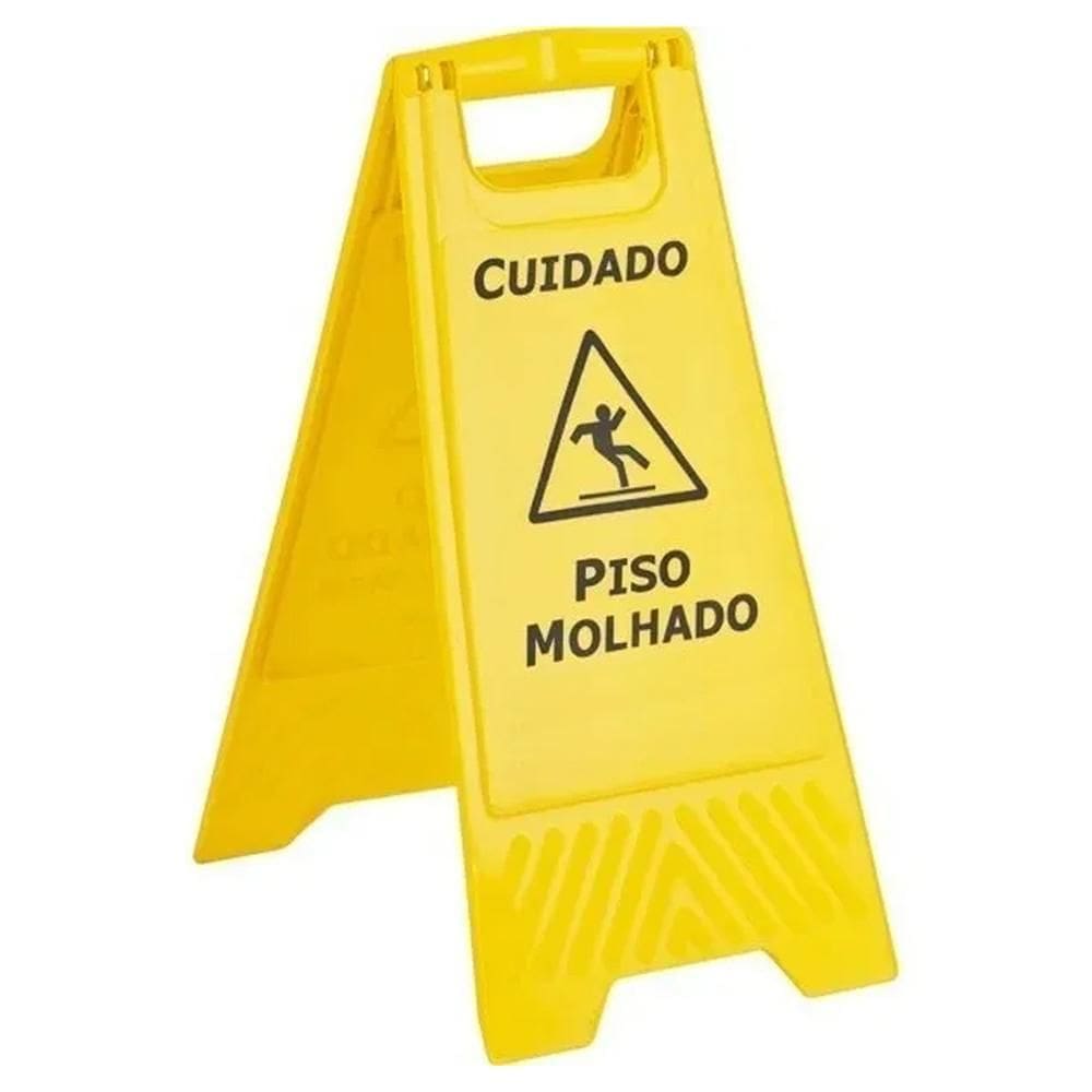 Placa Sinalizacao Piso Molhado Amarela Cavalete