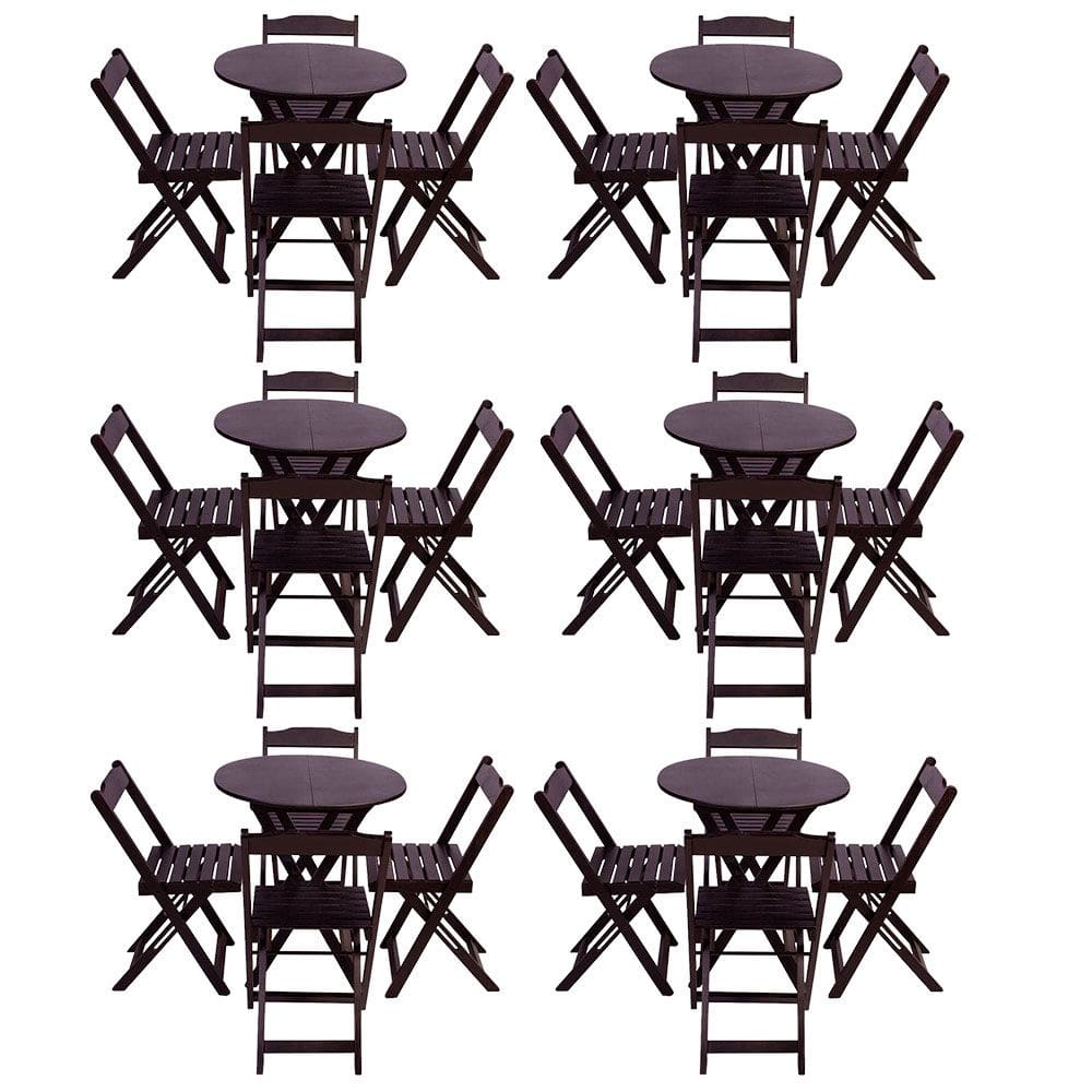 Kit 6 Jogos de Mesa Dobravel com 4 Cadeiras Tampo Redondo 70x70 Tabaco