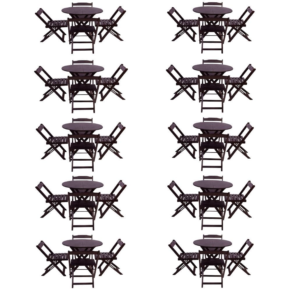 Kit 10 Jogos de Mesa Dobravel com 4 Cadeiras Tampo Redondo 70x70 Tabaco