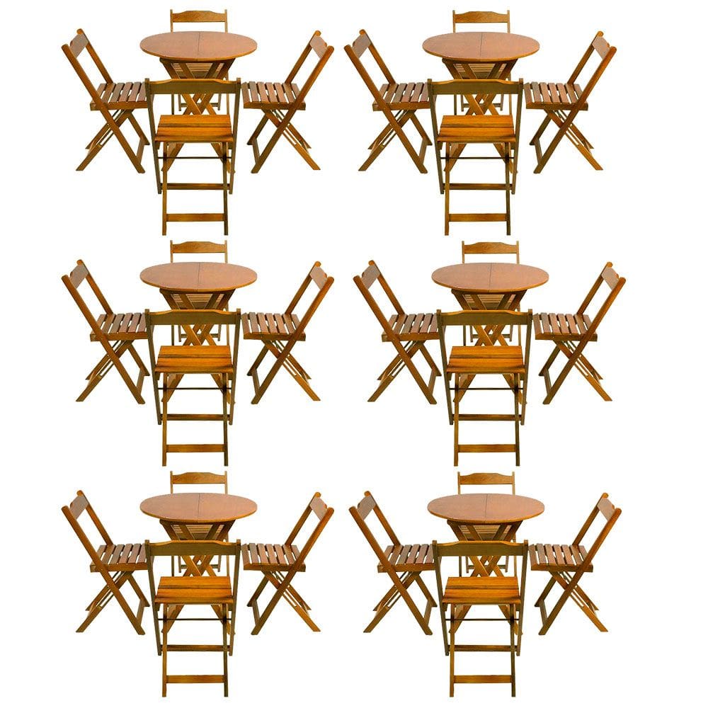 Kit 6 Jogos de Mesa Dobravel com 4 Cadeiras Tampo Redondo 70x70 Castanho