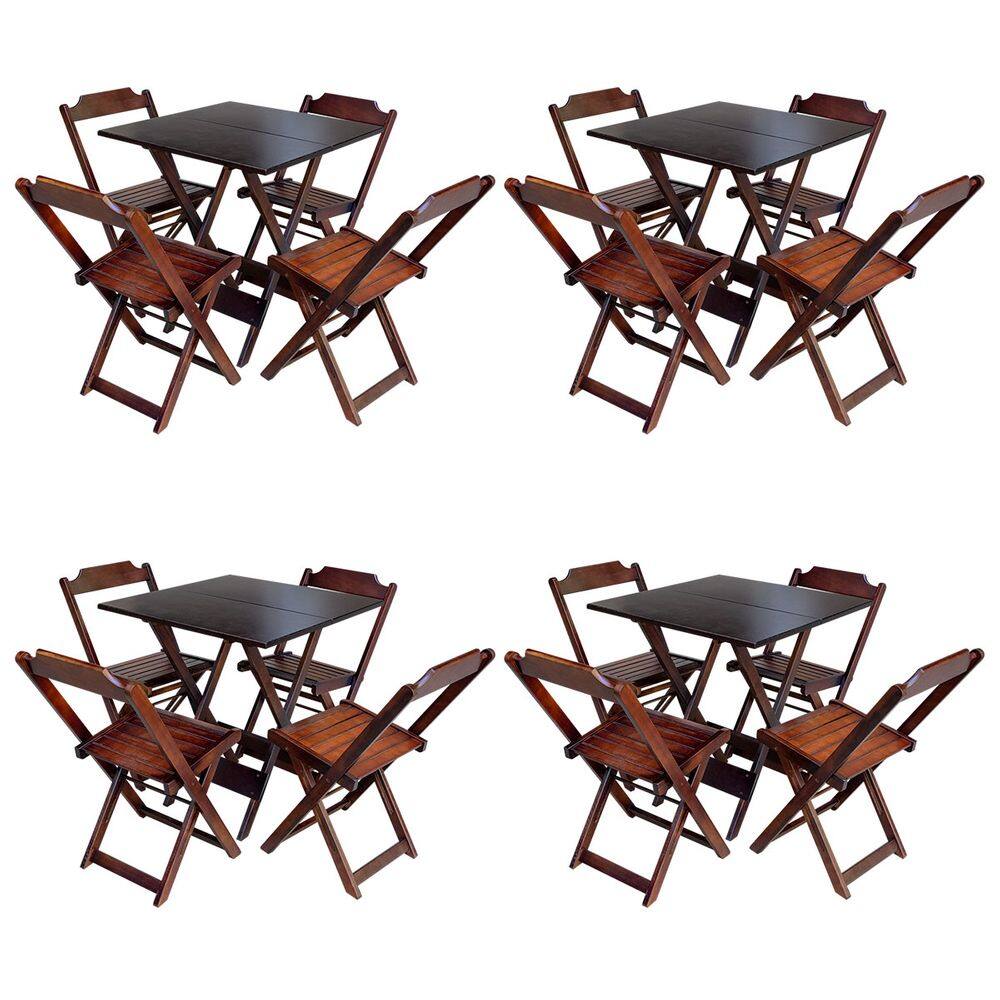 Kit 4 Jogos de Mesa com 4 Cadeiras de Madeira Dobravel 60x60 Ideal para Bar e Restaurante - Imbuia