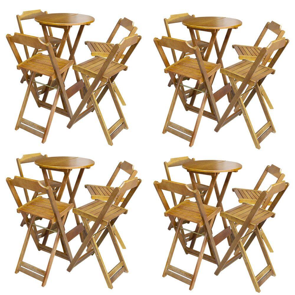 Kit 4 Jogos de Mesa Bistrô de Madeira com 4 Cadeiras Dobravel Ideal para Bar e Restaurante Castanho