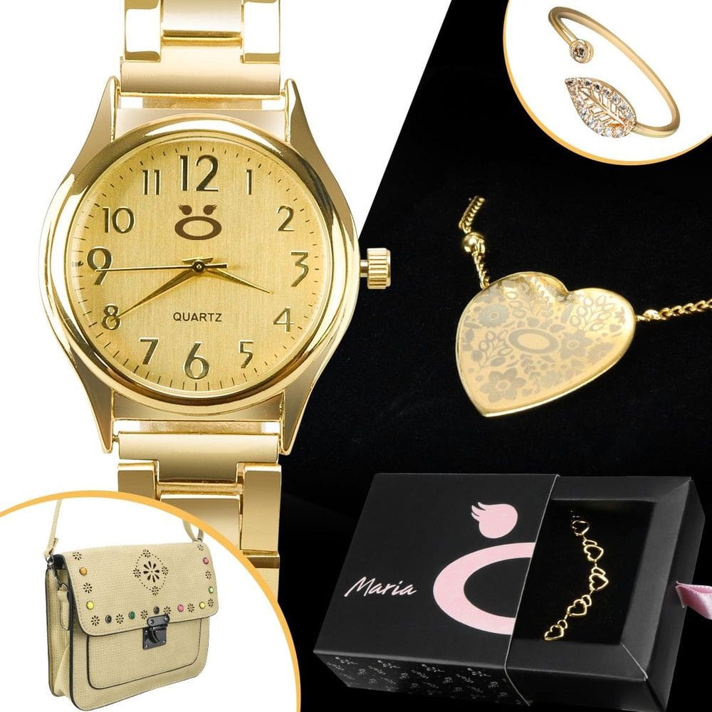 Kit relogio feminino premium 18k +colar/pulseira/brindes