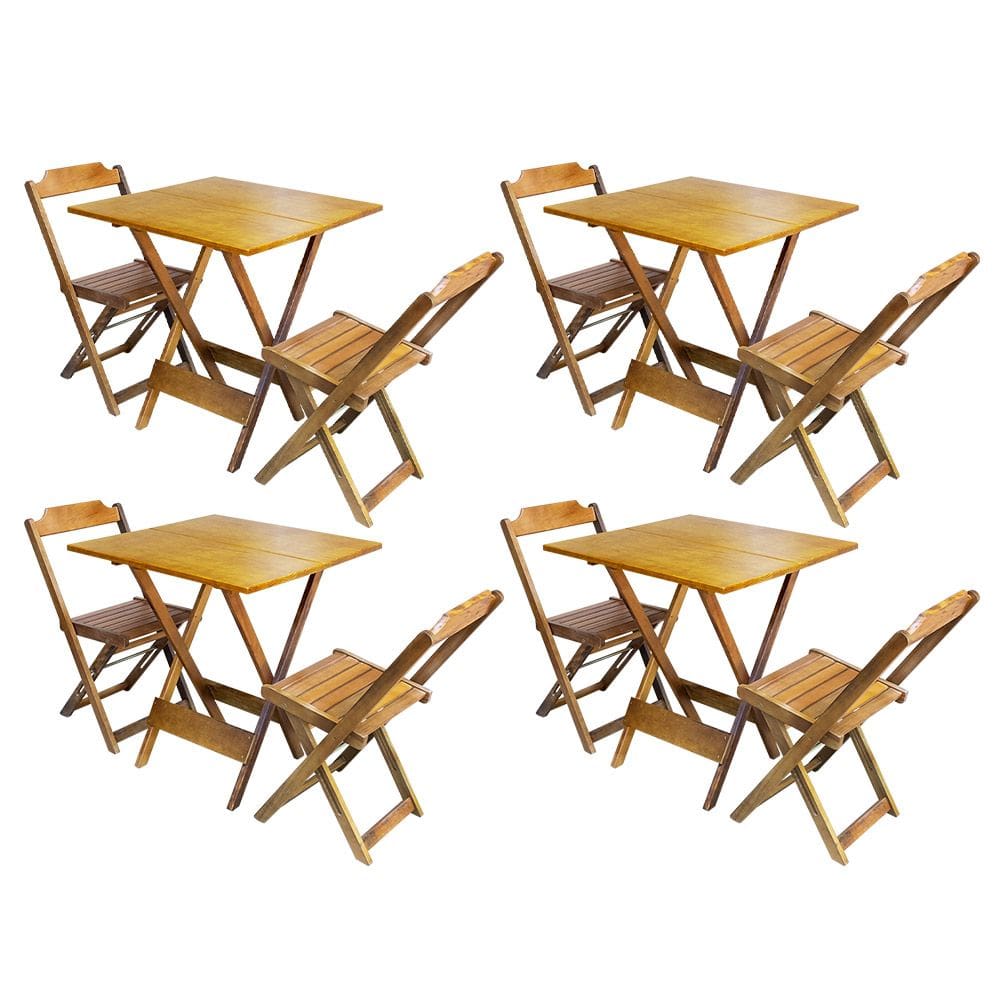 Kit 4 Jogos de Mesa Dobravel com 2 Cadeiras de Madeira 70x70 - Castanho