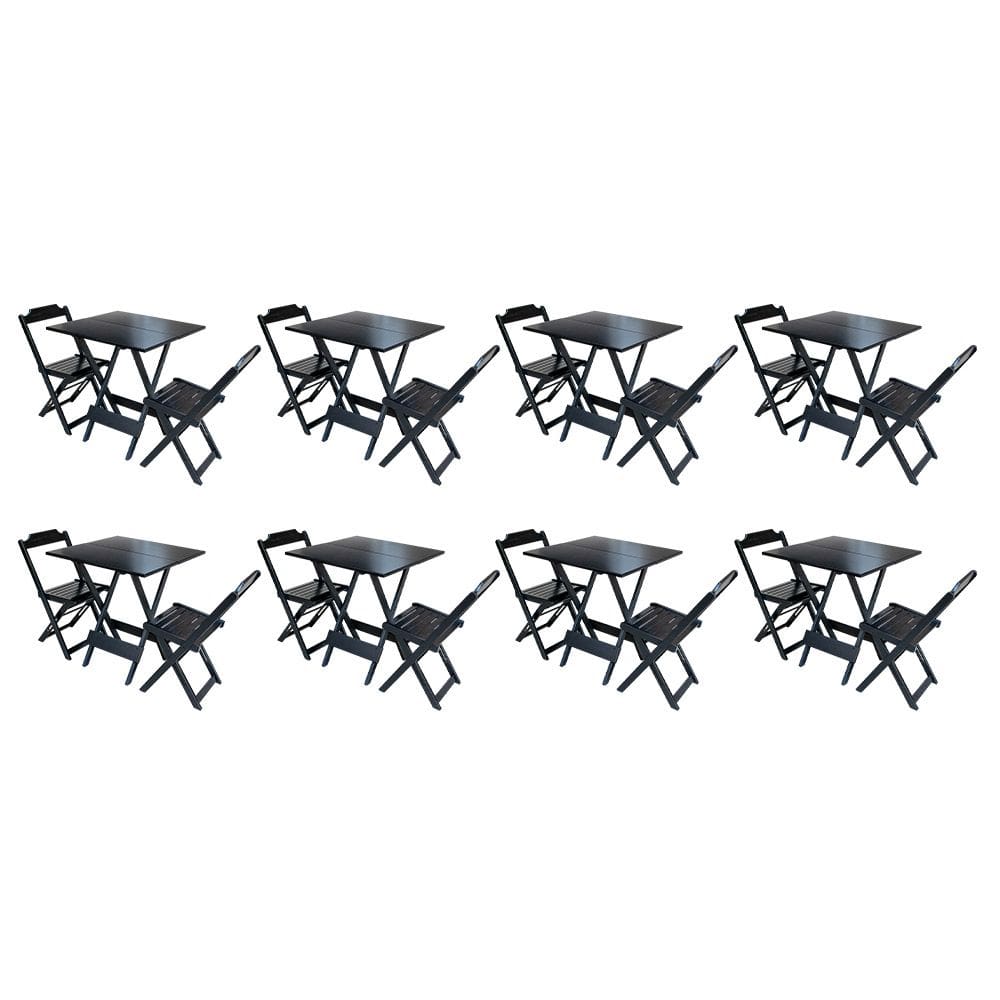 Kit 8 Jogos de Mesa Dobravel com 2 Cadeiras de Madeira 70x70 - Preto