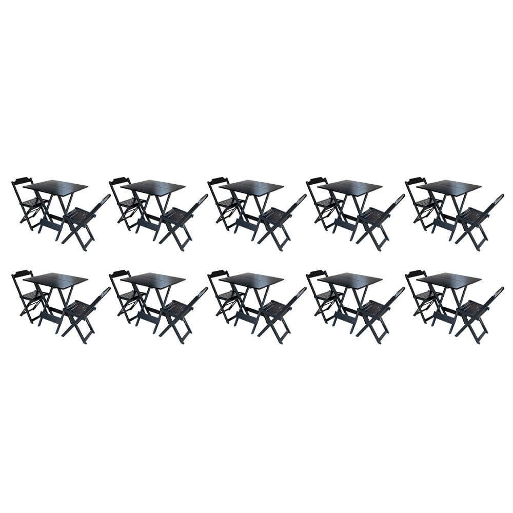 Kit 10 Jogos de Mesa Dobravel com 2 Cadeiras de Madeira 70x70 - Preto