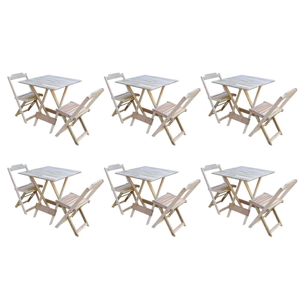 Kit 6 Jogos de Mesa Dobravel com 2 Cadeiras de Madeira 70x70 - sem Pintura