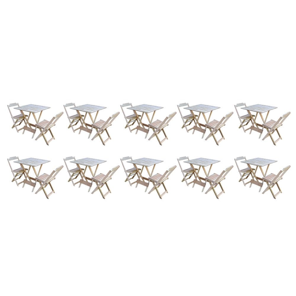 Kit 10 Jogos de Mesa Dobravel com 2 Cadeiras de Madeira 70x70 - sem Pintura