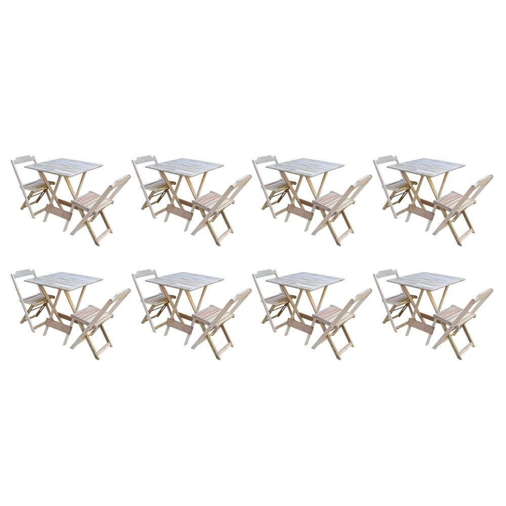 Kit 8 Jogos de Mesa Dobravel com 2 Cadeiras de Madeira 70x70 - sem Pintura