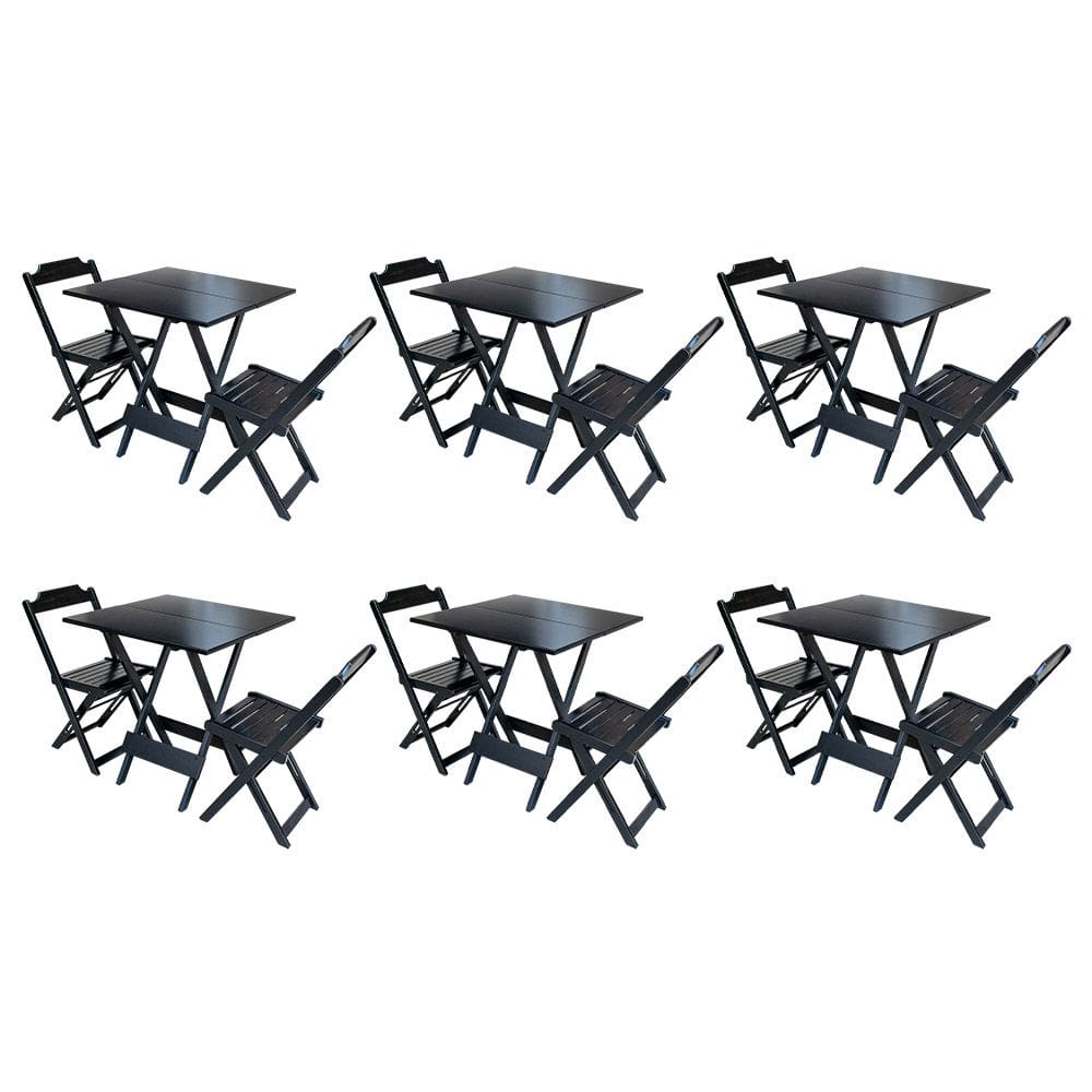 Kit 6 Conjuntos de Mesa Dobravel com 2 Cadeiras de Madeira 70x70 - Preto