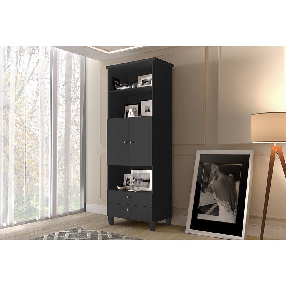 Estante Livreiro Multiuso Library 2 Portas e 2 Gavetas Ideal para Sala de Estar e Quarto - Preto