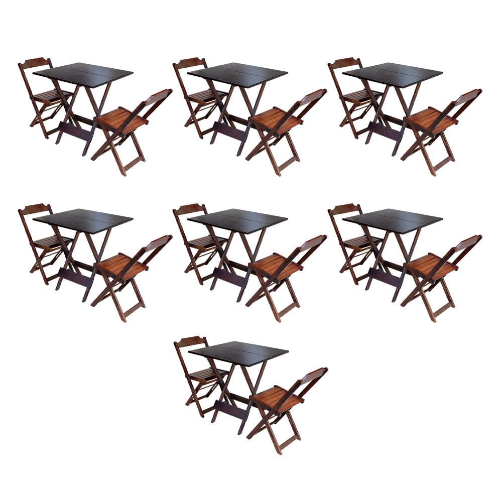 Kit 7 Conjuntos de Mesa Dobravel com 2 Cadeiras de Madeira 70x70 para Restaurante e Bar - Imbuia