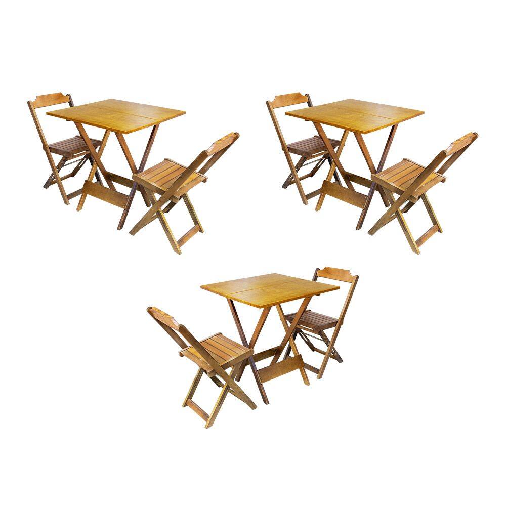 Kit 3 Conjuntos de Mesa Dobravel com 2 Cadeiras de Madeira 70x70 para Restaurante e Bar - Caramelo