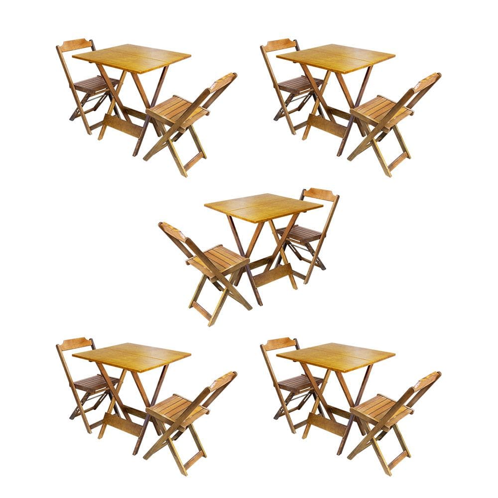 Kit 5 Conjuntos de Mesa Dobravel com 2 Cadeiras de Madeira 70x70 para Restaurante e Bar - Caramelo