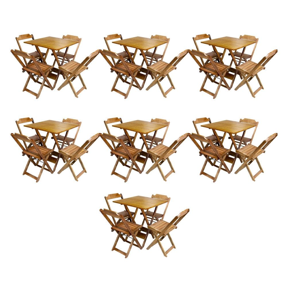 Kit 7 Conjuntos de Mesa Dobravel com 4 Cadeiras de Madeira 70x70 para Restaurante e Bar - Caramelo