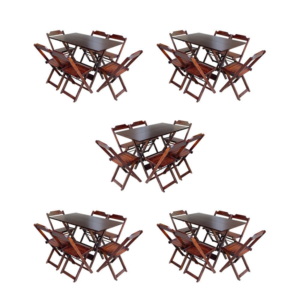 Kit 5 Jogos de Mesa Dobravel com 6 Cadeiras de Madeira 120x70 para Restaurante e Bar - Imbuia