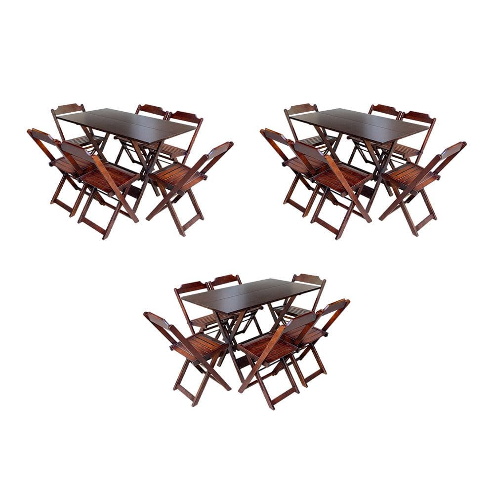 Kit 3 Jogos de Mesa Dobravel com 6 Cadeiras de Madeira 120x70 para Restaurante e Bar - Imbuia