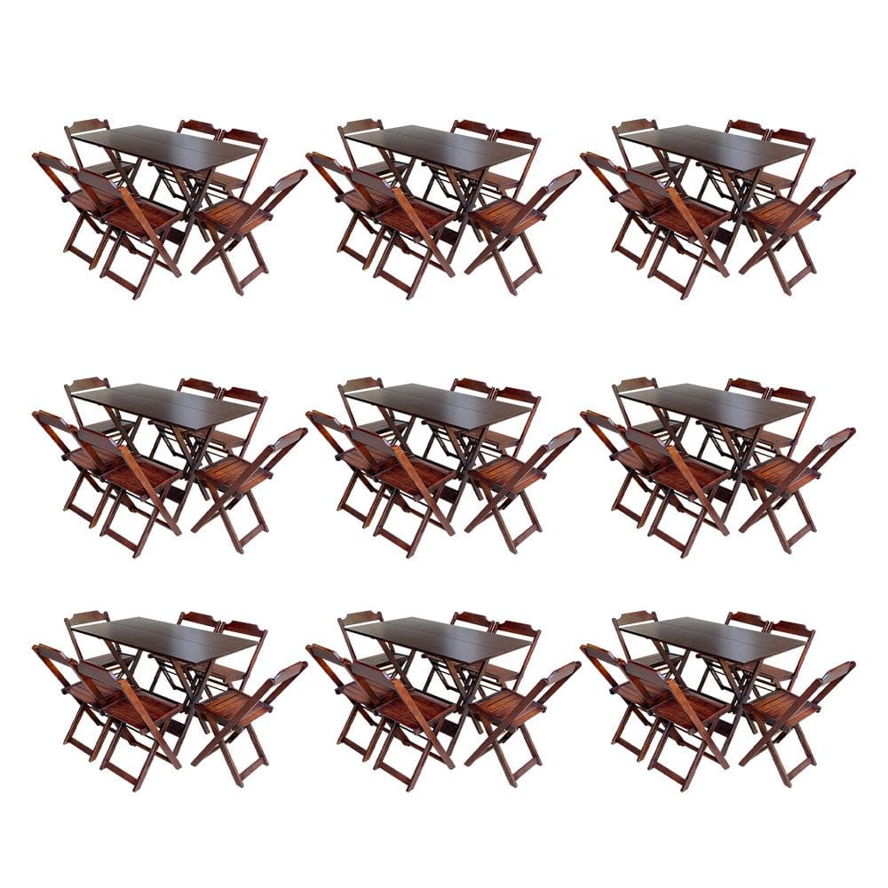 Kit 9 Jogos de Mesa Dobravel com 6 Cadeiras de Madeira 120x70 para Restaurante e Bar - Imbuia