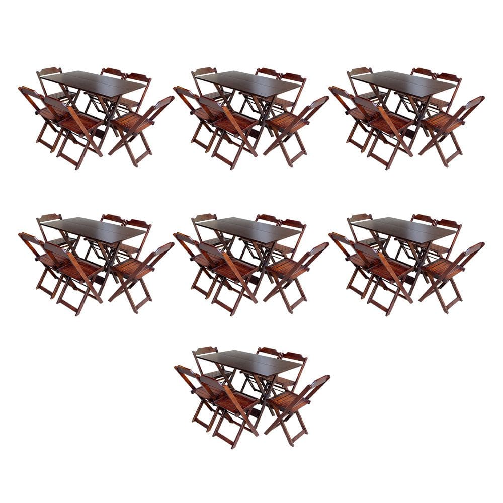 Kit 7 Jogos de Mesa Dobravel com 6 Cadeiras de Madeira 120x70 para Restaurante e Bar - Imbuia