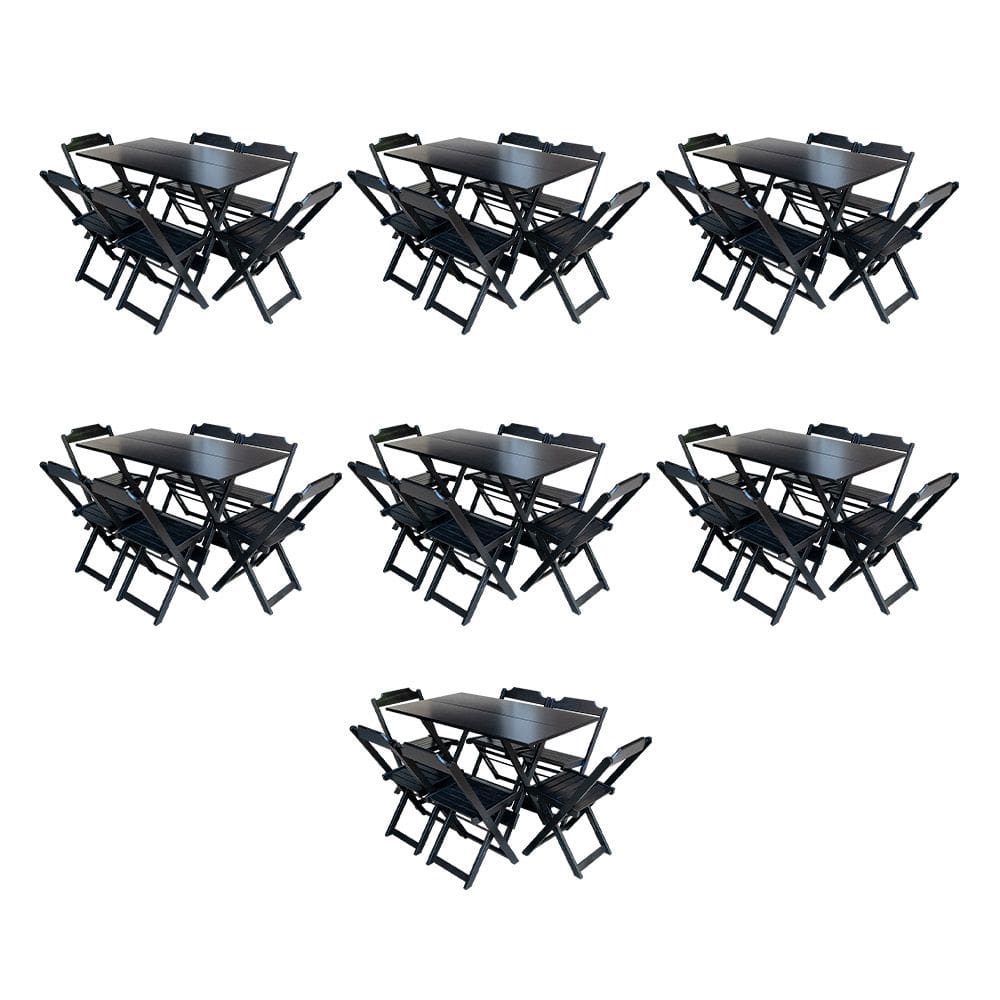 Kit 7 Jogos de Mesa Dobravel com 6 Cadeiras de Madeira 120x70 para Restaurante e Bar - Preto