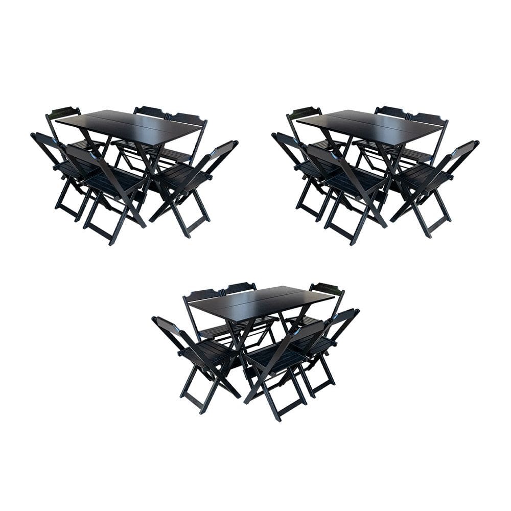 Kit 3 Jogos de Mesa Dobravel com 6 Cadeiras de Madeira 120x70 para Restaurante e Bar - Preto
