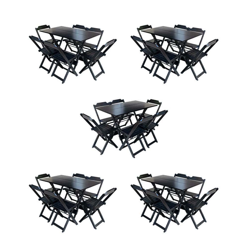 Kit 5 Conjuntos de Mesa Dobravel com 6 Cadeiras de Madeira 120x70 para Restaurante e Bar - Preto