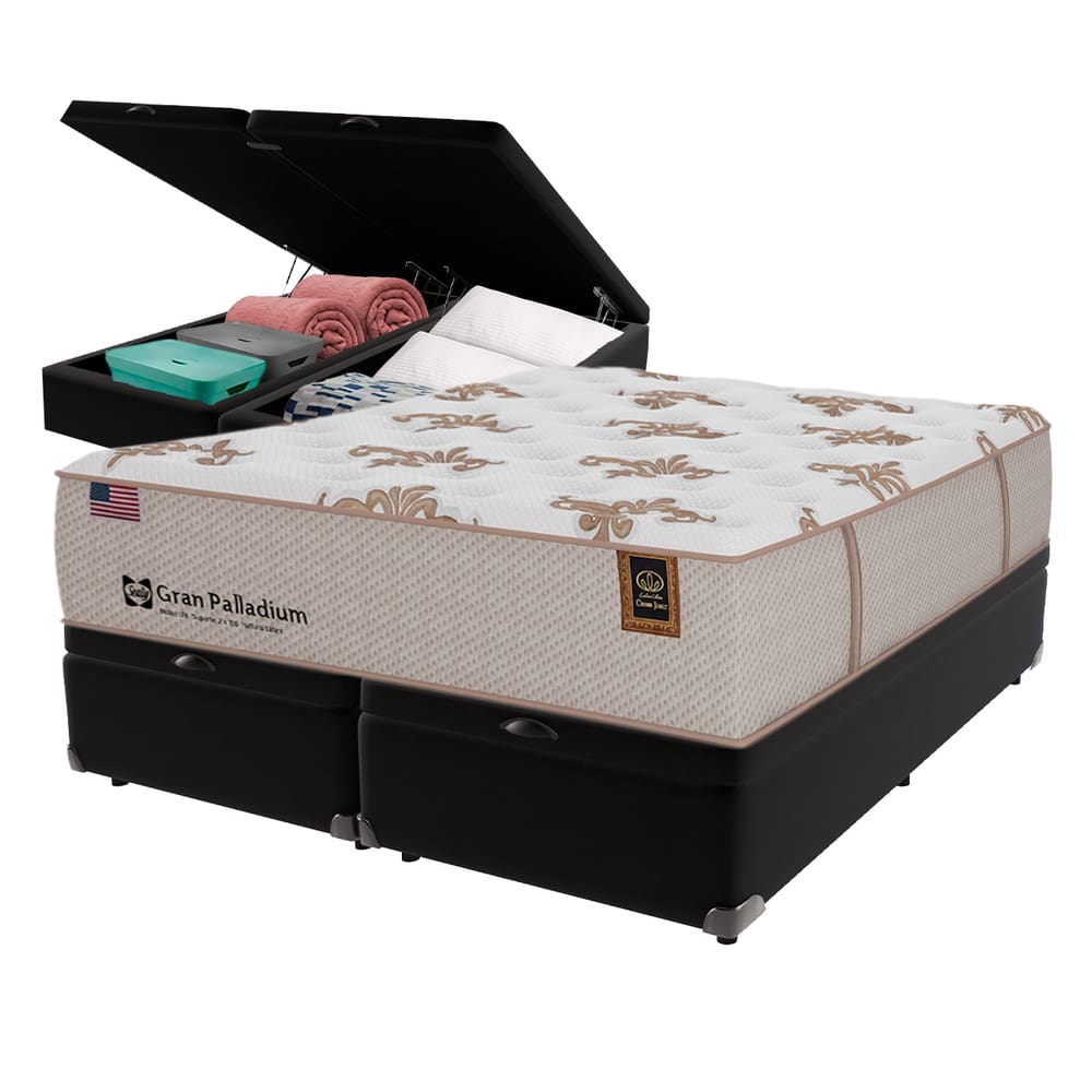 Cama Box Baú Preto e Colchão Queen Gran Paladium Molas LFK Sealy