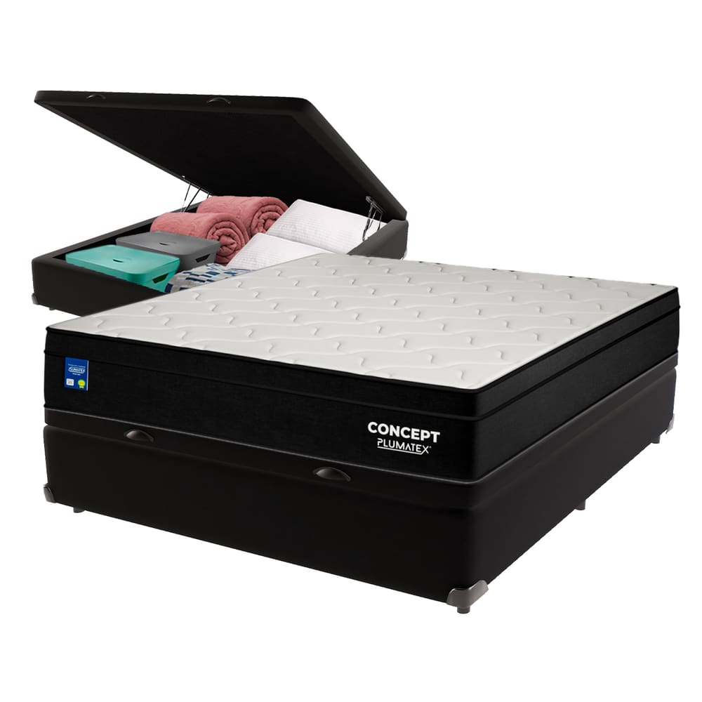 Cama Box Baú Preto e Colchão Casal Concept Molas Ensacadas Plumatex