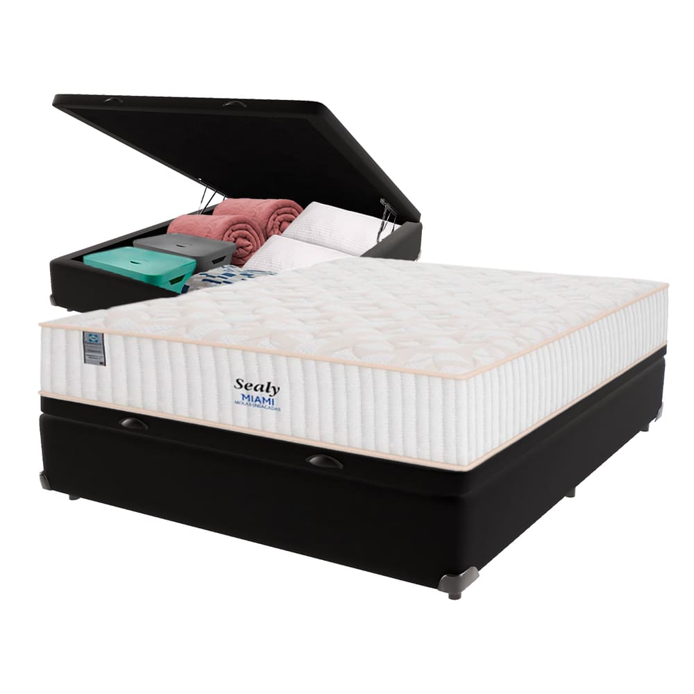 Cama Box Baú Preto e Colchão Casal Miami Molas Ensacadas Euro Pillow Sealy