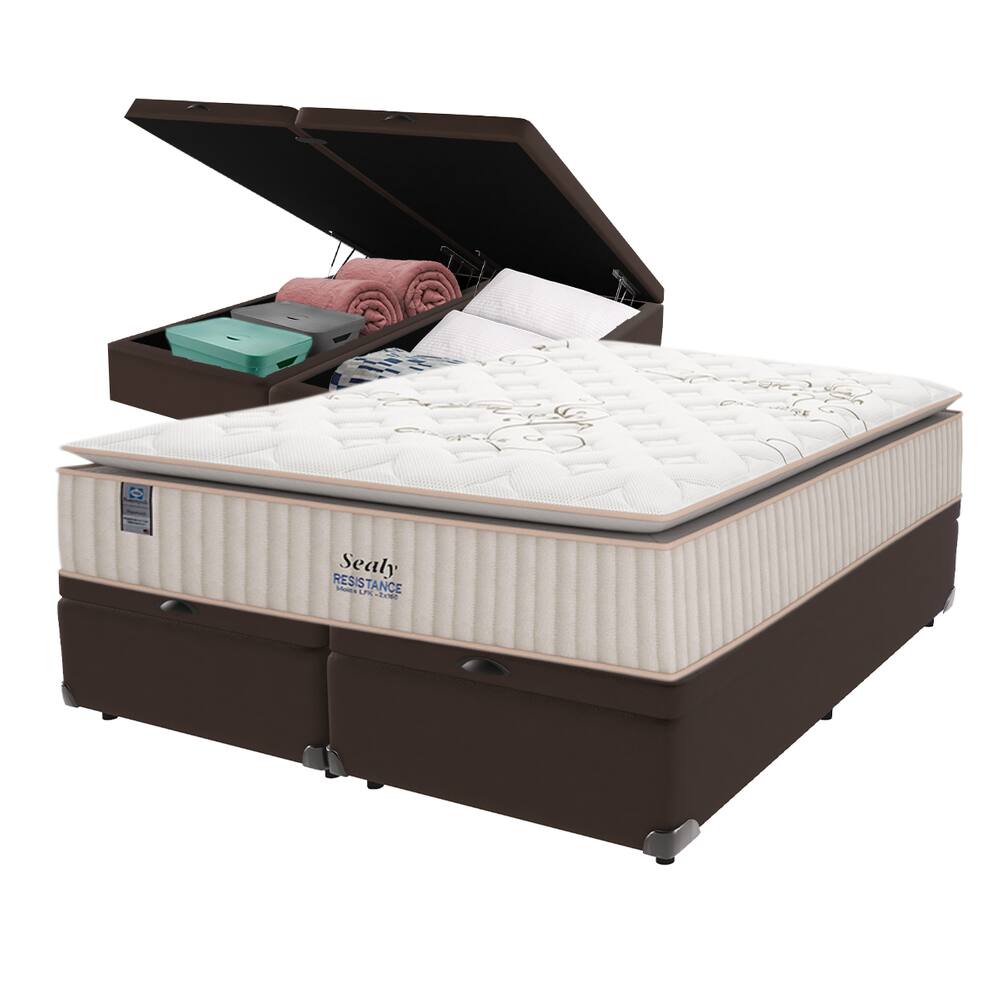 Cama Box Baú Marrom e Colchão King Resistance Molas LFK Sealy