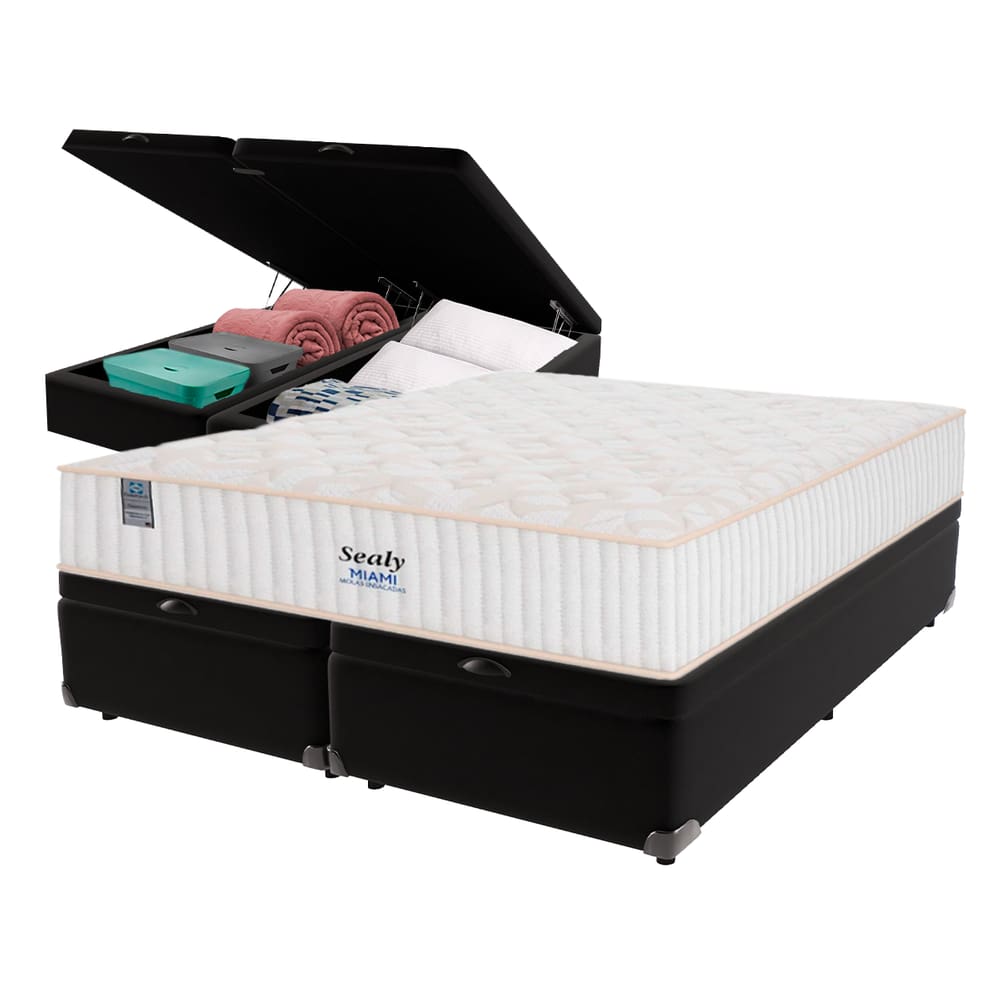 Cama Box Baú Preto e Colchão Queen Miami Molas Ensacadas Euro Pillow Sealy