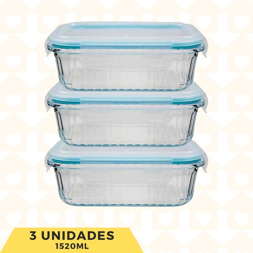 Jogo 3 Potes Canealdos Retangular 1520ML Hermeticos Microondas
