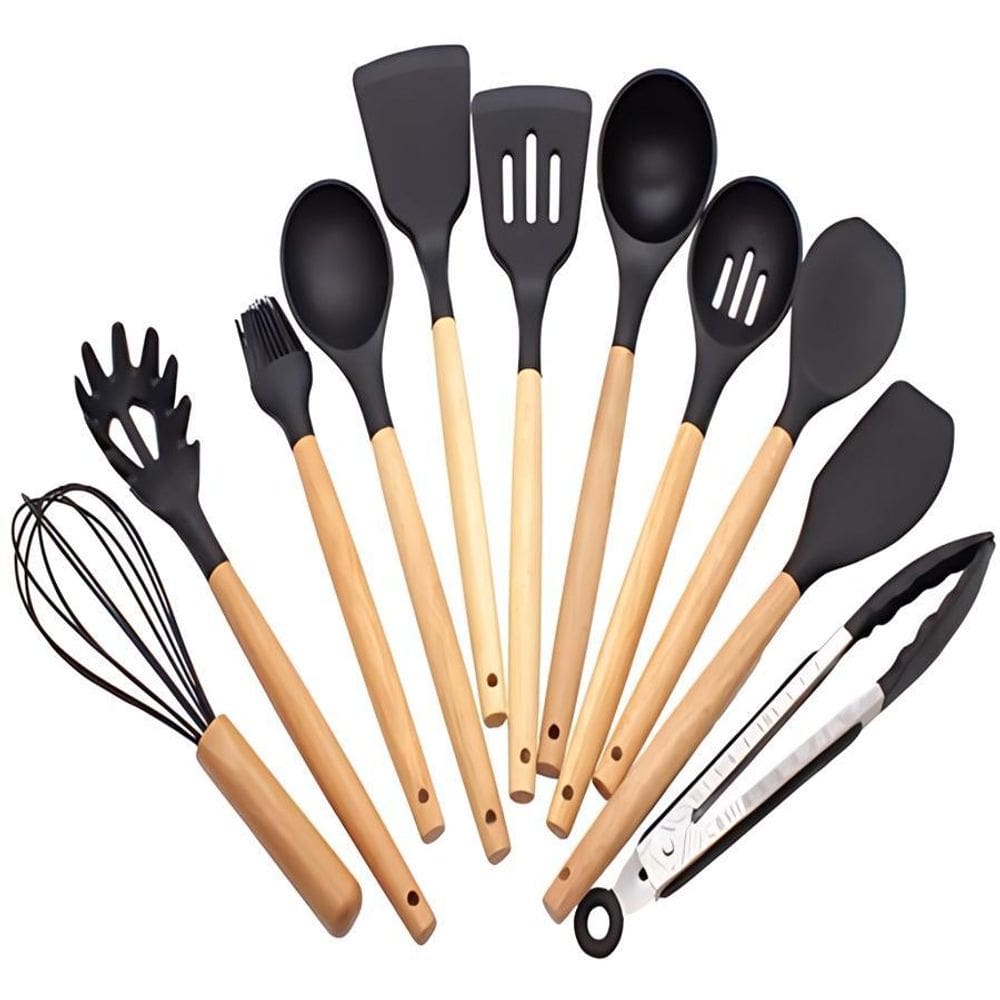 Jogo Utensílios De Cozinha Silicone Cabo De Madeira 12 Peças