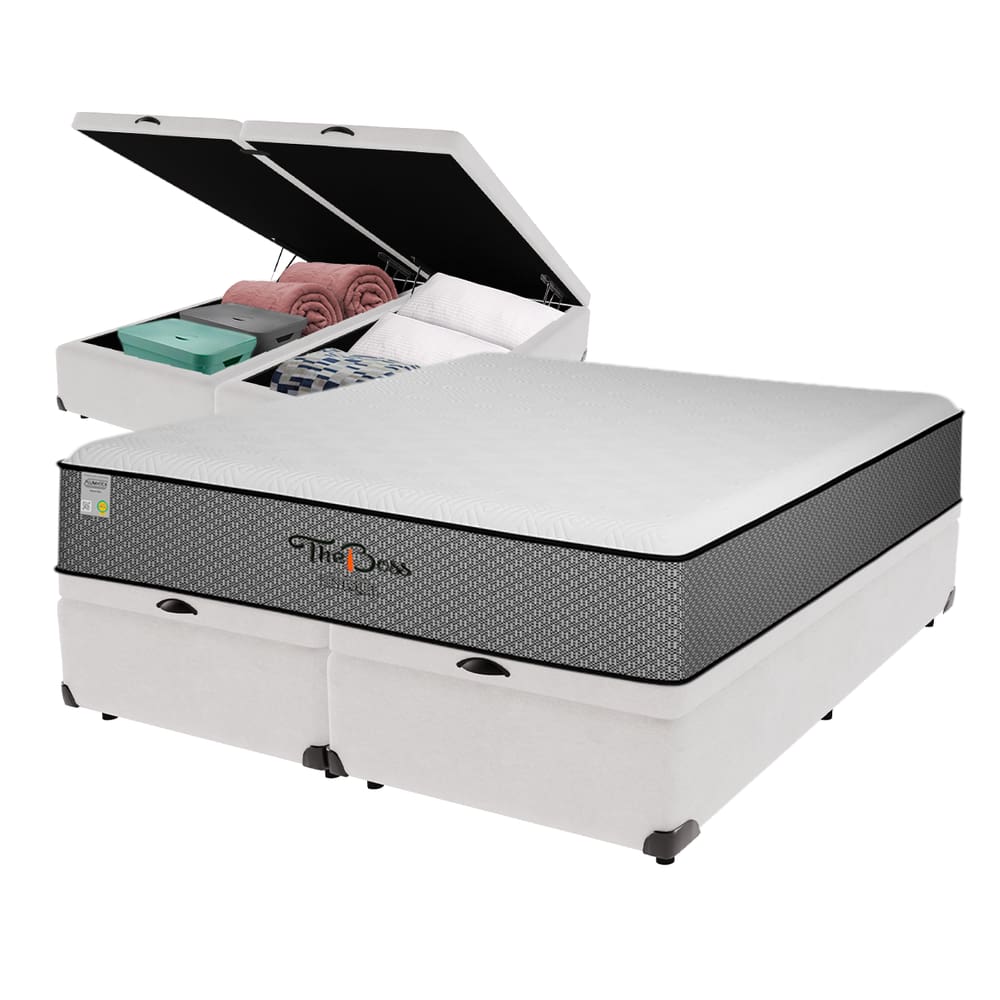 Cama Box Baú Branco e Colchão King The Boss Molas Ensacadas Unique