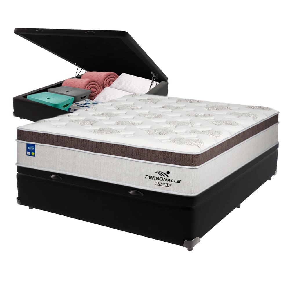 Cama Box Baú Preto e Colchão Casal Personalle Molas Ensacadas Plumatex