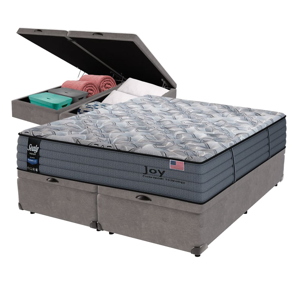 Cama Box Baú Cinza e Colchão Queen Joy Molas Ensacadas Sealy