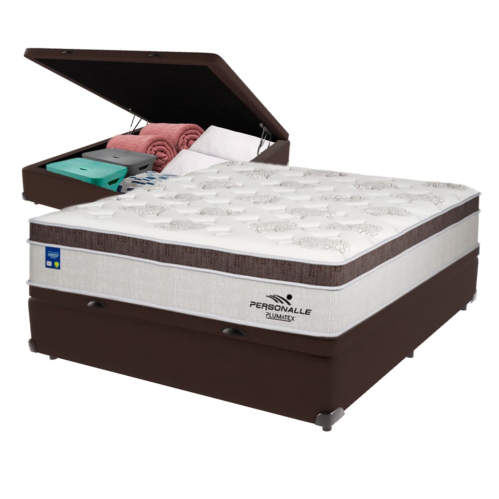 Cama Box Baú Marrom e Colchão Casal Personalle Molas Ensacadas Plumatex