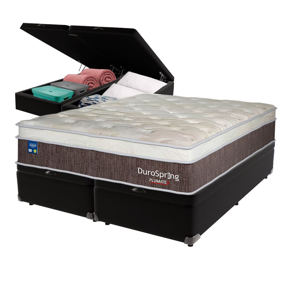 Cama Box Baú Preto e Colchão King Duro Spring Molas superlastic Plumatex