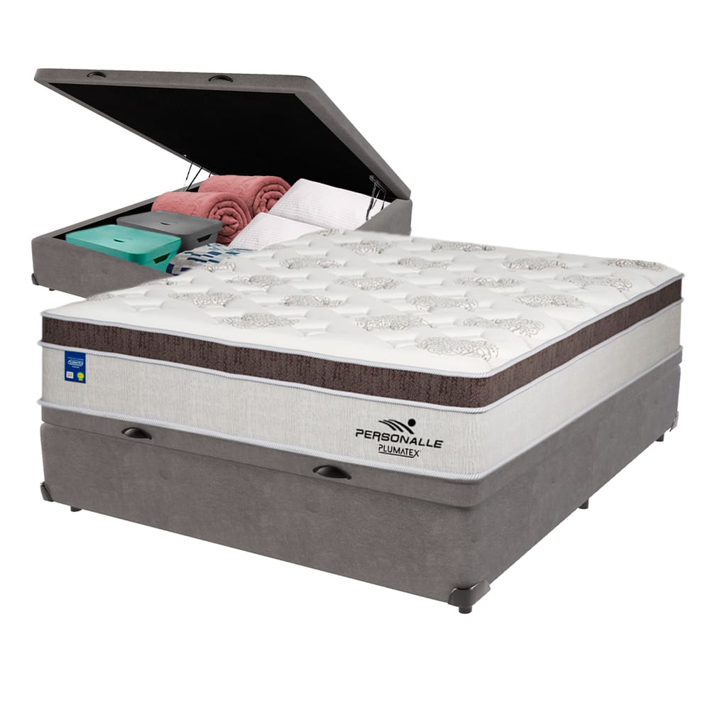 Cama Box Baú Cinza e Colchão Casal Personalle Molas Ensacadas Plumatex