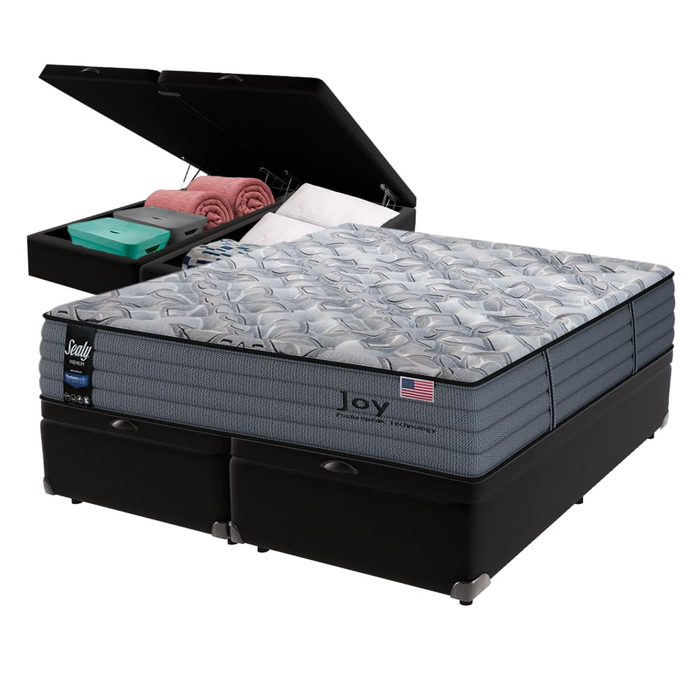 Cama Box Baú Preto e Colchão Queen Joy Molas Ensacadas Sealy