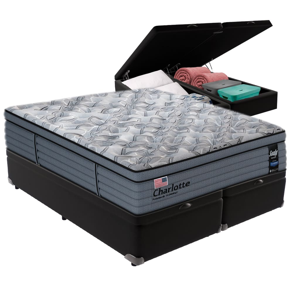 Cama Box Baú Preto e Colchão King Charlotte Molas Ensacadas Sealy