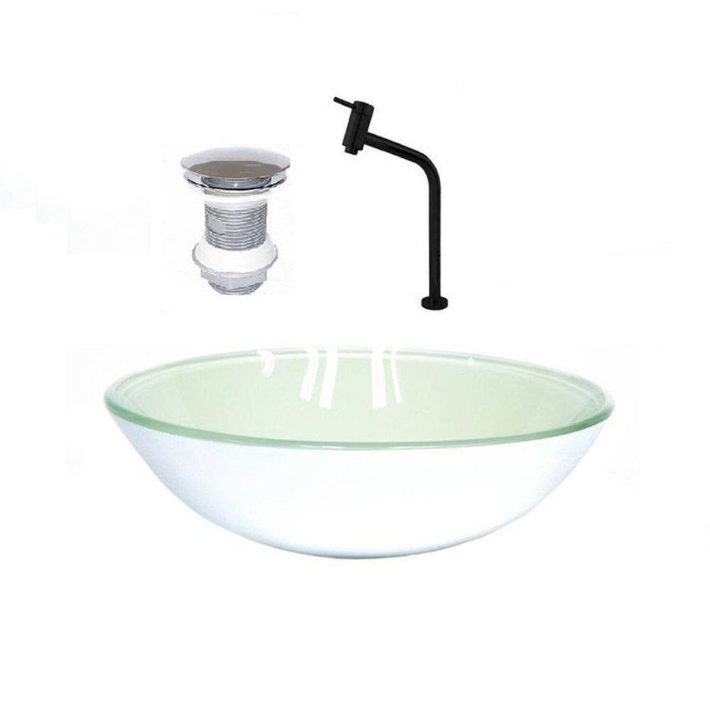 Cuba de Vidro Redonda 35cm + Valvula + Torneira Branco