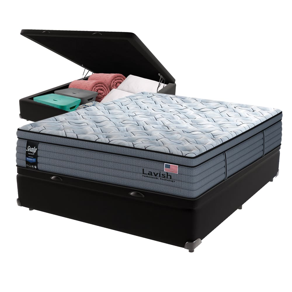 Cama Box Baú Preto e Colchão Casal Lavish Molas Ensacadas Sealy