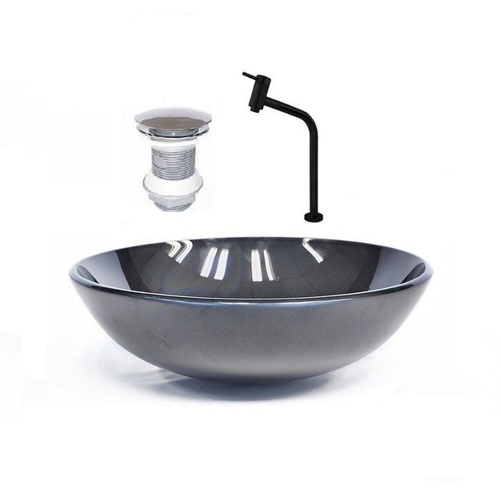 Cuba de Vidro Redonda 31cm + Valvula + Torneira Grafite