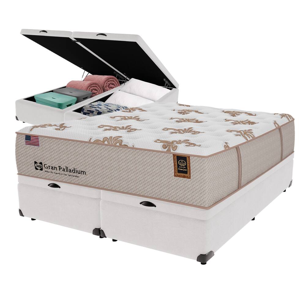 Cama Box Baú Branco e Colchão Queen Gran Paladium Molas LFK Sealy