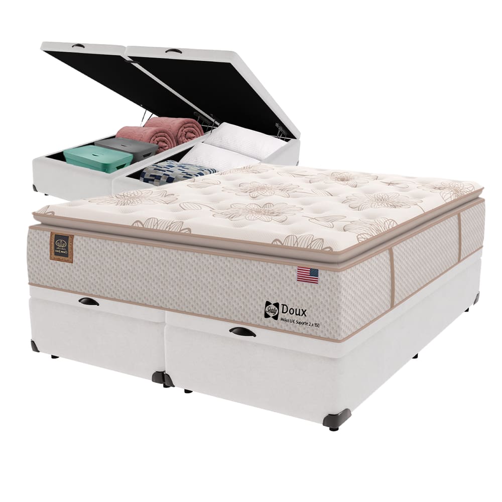 Cama Box Baú Branco e Colchão Queen Doux Comfort Molas LFK e Europillow Sealy