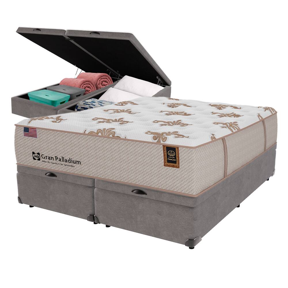 Cama Box Baú Cinza e Colchão King Gran Paladium Molas LFK Sealy