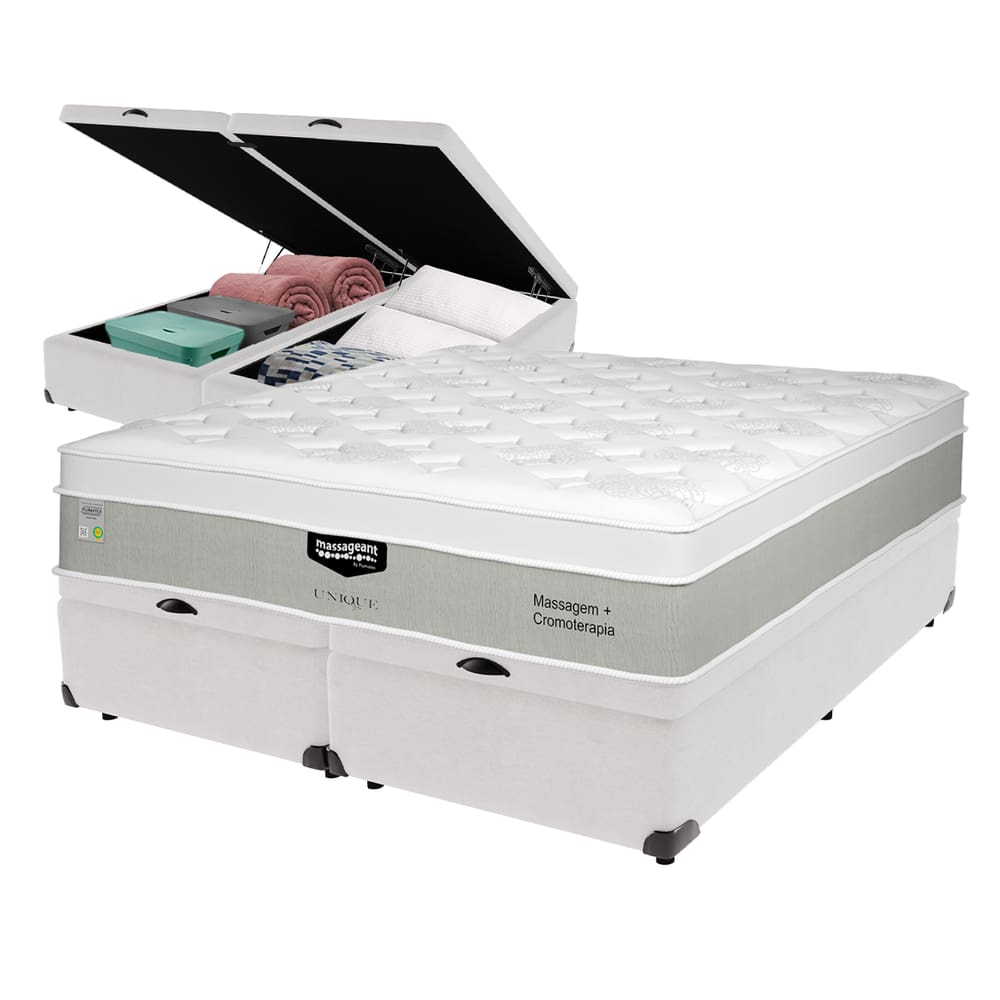 Cama Box Baú Branco e Colchão King Massageant Unique